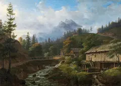 Carl Hasch, Mountain landscape with sawmill, oil on canvas