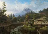 Carl Hasch, Mountain landscape with sawmill, oil on canvas