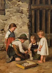Franz Defregger, Playing children, 1906, oil on panel