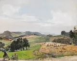 Harvest landscape by Gottlieb Theodor Kempf von Hartenkampf, 1938, mixed media on panel, sold Oct 2019