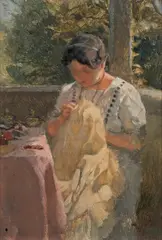Franz Windhager, Woman sewing on the balcony, oil on panel