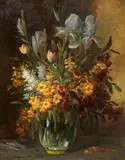 Konstantin Stoitzner, Bouquet with tulips and irises in a glass vase, oil on canvas