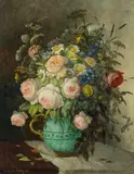 Konstantin Stoitzner, Bouquet of roses and meadow flowers in a vase, oil on canvas