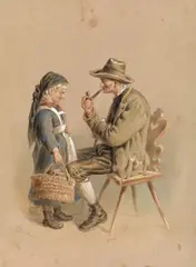 Carl Goebel, Grandfather with granddaughter, watercolour on paper, unframed
