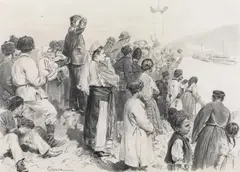 Wilhelm Gause, Serbian peasants greet the ship of Emperor Franz Joseph I near Salaria on 23rd September 1896, pencil on paper