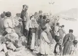Wilhelm Gause, Serbian peasants greet the ship of Emperor Franz Joseph I near Salaria on 23rd September 1896, pencil on paper
