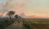 Maria Onken-Palme, Evening landscape with flock of sheep, oil on canvas on cardboard