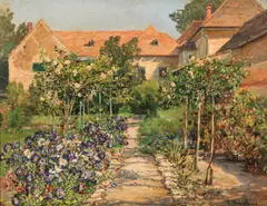 Therese Schachner, Rose garden in Schloss Hof, oil on canvas on cardboard
