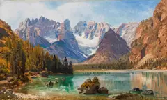 Anton Hlávacek, Lake Landro with Monte Cristallo, oil on cardboard