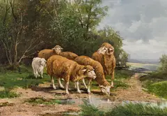 Flock at the watering place by Adolf Kaufmann, oil on canvas, sold Oct 2019