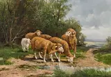Adolf Kaufmann, Flock at the watering place, oil on canvas