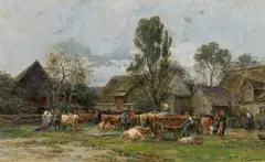Karl Stuhlmüller, Cattle market in Bavaria, oil on cardboard