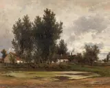 Eduard Peithner Ritter von Lichtenfels, Farmstead with a pond, 1870, oil on canvas