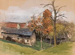 Farmstead by Marie Egner, mixed media on paper, sold Oct 2019