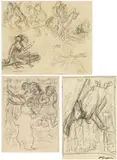 Mixed lot: three sheets - Nikolausmaus, man on rocket and dancing bear - sketches for Johannes Praetorius: Rübezahl (1927) by Alfred Kubin, pencil on paper, sold Jun 2019