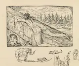 Alfred Kubin, Lying nude in landscape with animal studies