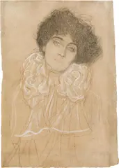 Gustav Klimt, Lady's bust portrait from the front, 1897/98, brown, black, red and blue chalk on paper, heightened with white