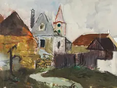 Village view by Josef Dobrowsky, mixed media on paper, sold Jun 2019