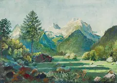 Oskar Laske, View of the mountains, gouache on paper