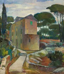 Arthur Brusenbauch, House in a forst landscape, oil on cardboard