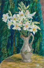 Helene Funke, Lilies in a vase, oil on fibreboard