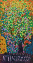 Leopold Birstinger, Tree with a fence, 1975-1979, oil on pressboard