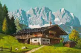 Karl Pancheri, Mountain farm with view of the Wilder Kaiser, oil on hardboard