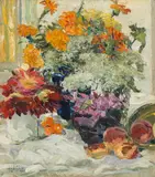 August Rieger, Still life with flowers and peaches (oil study verso: landscape with bathers), 1924, oil on cardboard