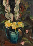 Josef Dobrowsky, Bouquet in a blue jar, oil on cardboard
