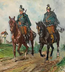 Ludwig Koch, Two soldiers on horses, oil on cardboard, unframed