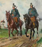 Ludwig Koch, Two soldiers on horses, oil on cardboard, unframed