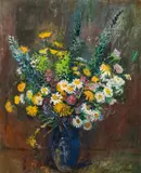 Ernst Huber, Summer flowers in a vase, oil on paper on canvas