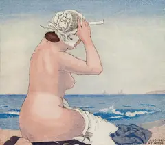 Carl Moser, Breton woman bathing, second version, coloured woodcut on paper, second state