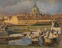 Othmar Ruzicka, View of the Salesian church from the Belvedere, 1945-47, oil on cardboard