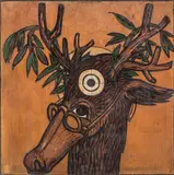 Bertold Löffler, Aktäon als ... Kritiker (stag with glasses), oil on wood panel, unframed