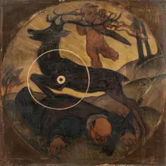 Stag jumping over a hunter by Vinzenz Gorgon, oil on wood panel, unframed, sold Jun 2019