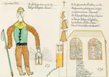 Johann Fischer, Die Gläubigen kommen zu den Heiligen Religiösen Messen!!, 1988, mixed media on paper; framed