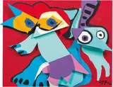 Karel Appel, Jumping Fox With green Virgin, sculpture, acryl, wood; framed