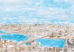 Gottfried Salzmann, Brooklyn Manhattan Bridge, watercolour on paper; framed