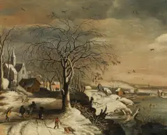 Frans de Momper, Winter landscape with village on a river, oil on canvas