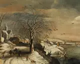 Frans de Momper, Winter landscape with village on a river, oil on canvas