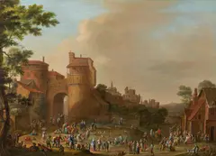 Jan Griffier I, Peasants in front of a town gate, oil on panel