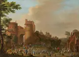 Jan Griffier I, Peasants in front of a town gate, oil on panel