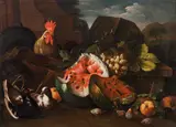 Franz Werner Tamm, Sill life of fruits and rooster, oil on canvas