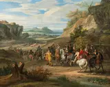 Adam Frans van der Meulen, Elegant horseman and his entourage (probably Louis II. de Bourbon, Prince de Condé, 1621-1686), oil on canvas