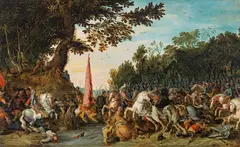 Pieter Meulener, Cavalry battle in a wooded landscape, oil on panel
