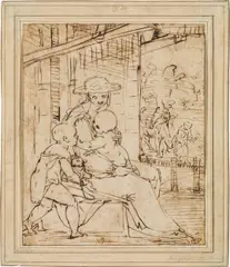 Madonna with straw hat by Luca Cambiaso, pen in brown, partly over pencil, mounted, framed, sold Apr 2019
