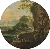Franz Thomas Canton, Mountain landscape near a river with a figurative staffage, oil on metall