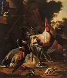 Melchior de Hondecoeter, Chickens and ducks in the yard, oil on canvas