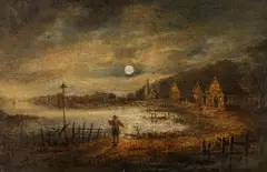 Aert van der Neer, Fisherman by moonlight, oil on panel